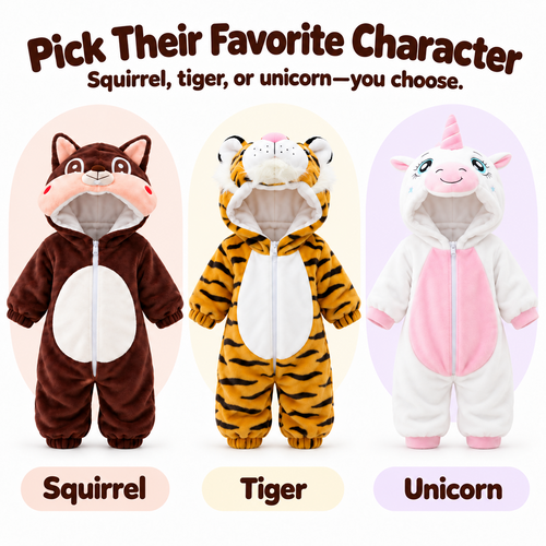 Snugglebun hooded costume in squirrel, tiger and unicorn styles